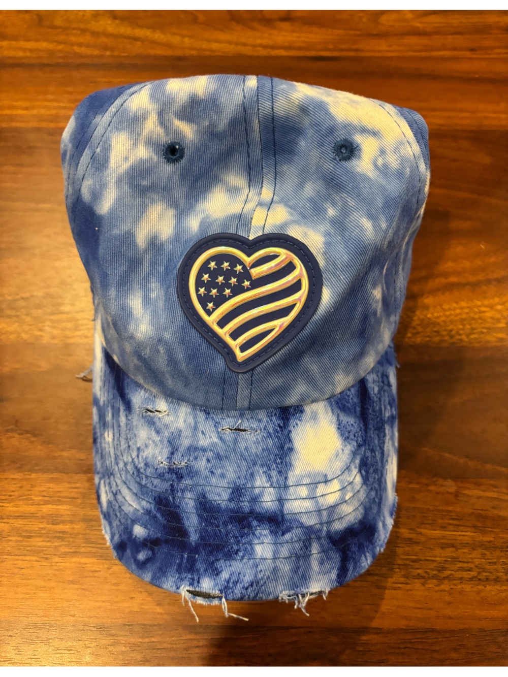 Blue distressed tie-dye baseball cap with USA heart flag patch